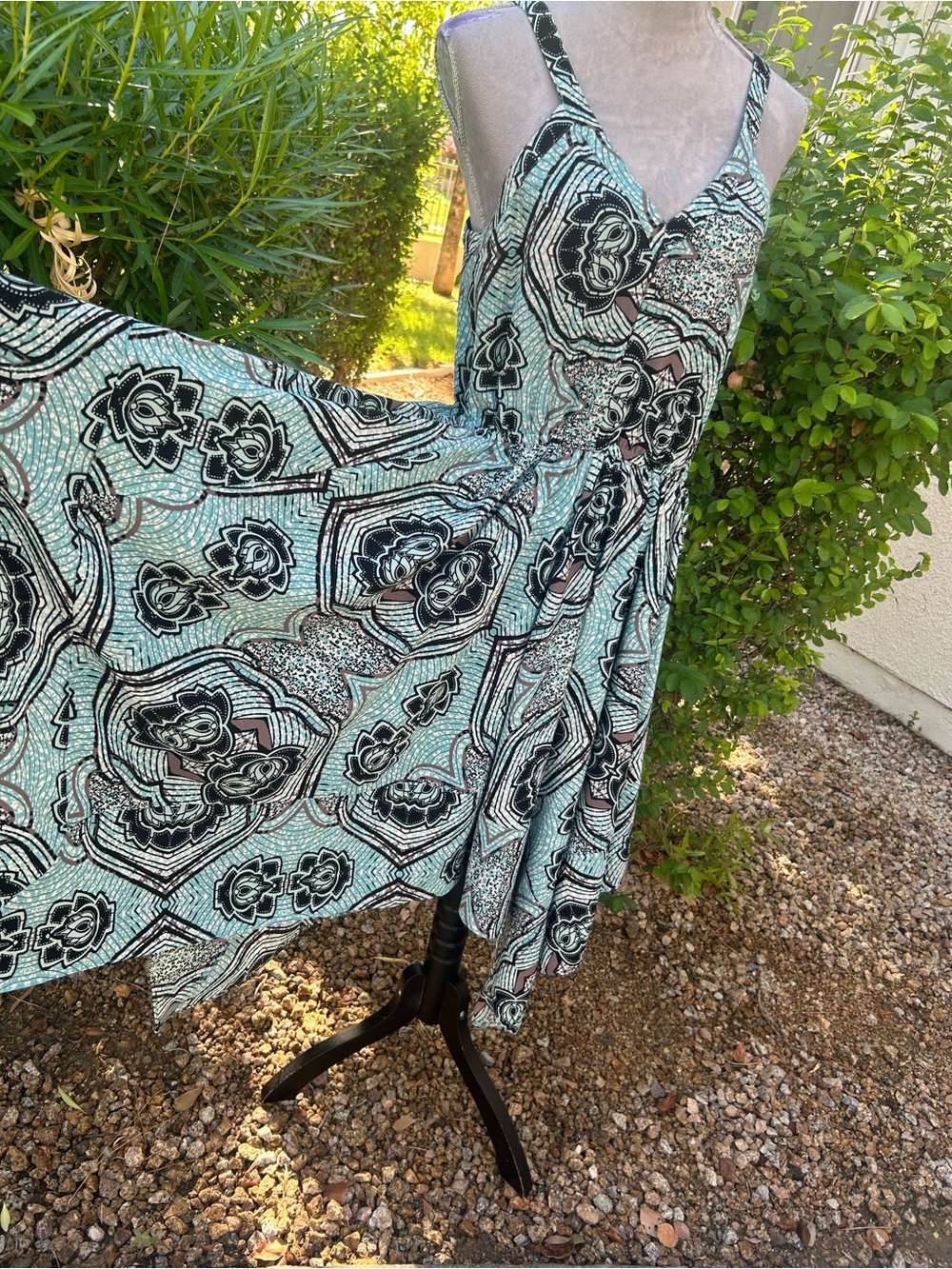 H&M Aqua and Black Floral High-Low V-Neck Dress